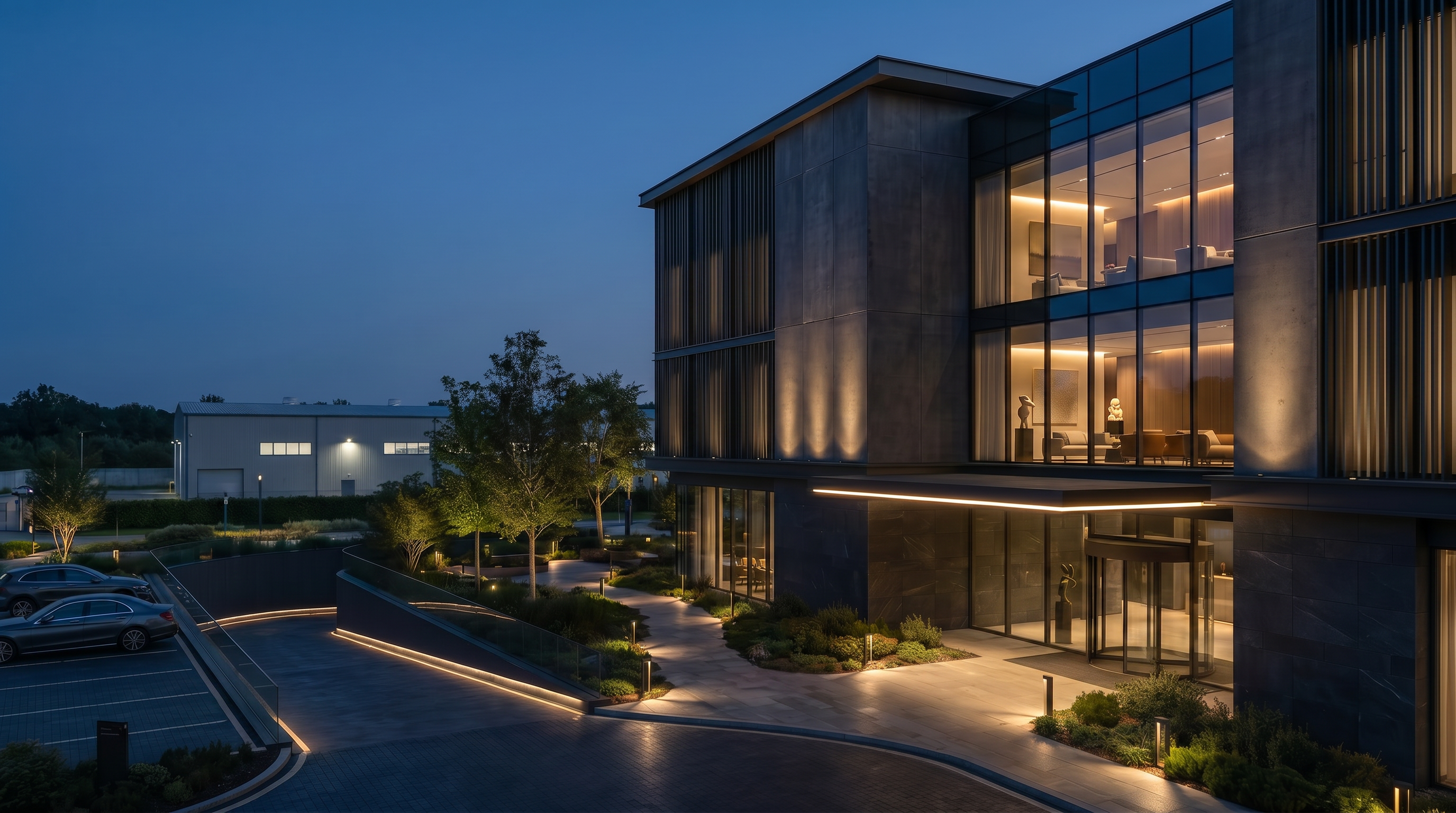 Contemporary architecture illuminated at night
